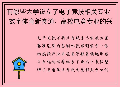 有哪些大学设立了电子竞技相关专业 数字体育新赛道：高校电竞专业的兴起与探索